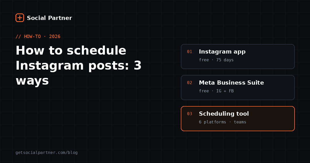 Three ways to schedule Instagram posts compared: the Instagram app, Meta Business Suite and a multi-platform scheduling tool